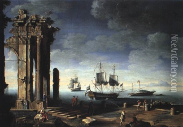 Port De Mer Avec Les Ruines D'un Portique Antique Oil Painting - Leonardo Coccorante
