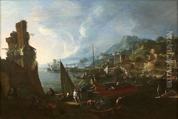 Navire Et Bateaux De Pecheurs Au Port Oil Painting - Bartolomeo Pedon