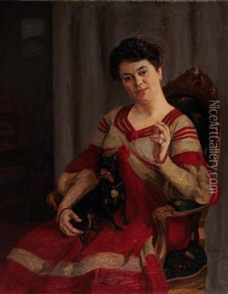 Portrait Einer Dame Mit Schoshund Und Zigarette Oil Painting - Leo von Koenig