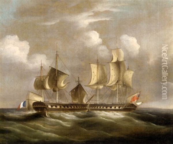 An Anglo-french Frigate Action In The Napoleonic Wars Oil Painting - William John Huggins