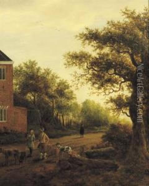 A Wooded Landscape With Hunters And Dogs On A Track Near A House Oil Painting - Roelof van Vries