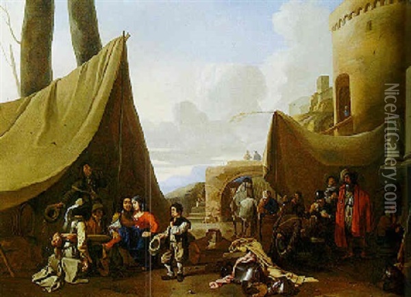 Soldiers And Peasants In Tents Outside The Walls Of A Castle Oil Painting - Jan Miel