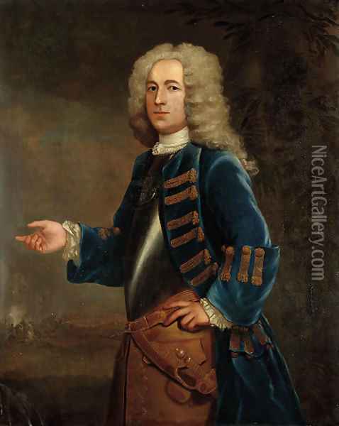Portrait of Henry Boyle (d.1756), Captain of Horse, three-quarter-length, in a breastplate and blue coat with gold trim, in a landscape Oil Painting - Anthony Lee