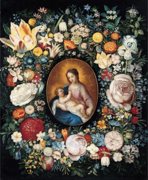 A Garland Of Flowers Surrounding A Medallion Of The Virgin And Child Oil Painting - Frans II Francken