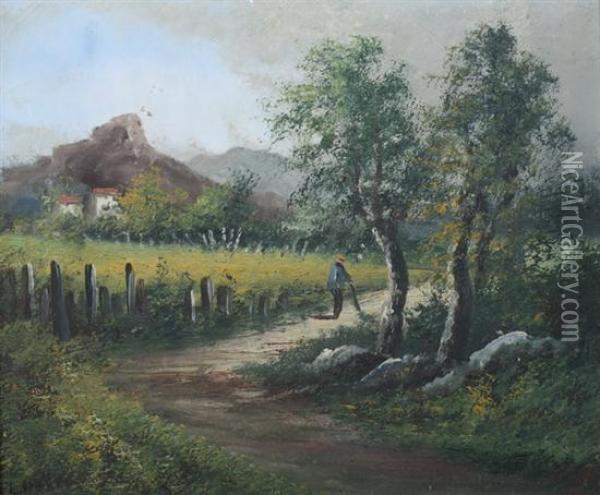 Country Road With Distant Farmhouse Oil Painting - Louis Henry