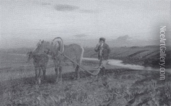 Landscape With Ploughman Oil Painting - Oskar Adolfowitsch Hoffmann