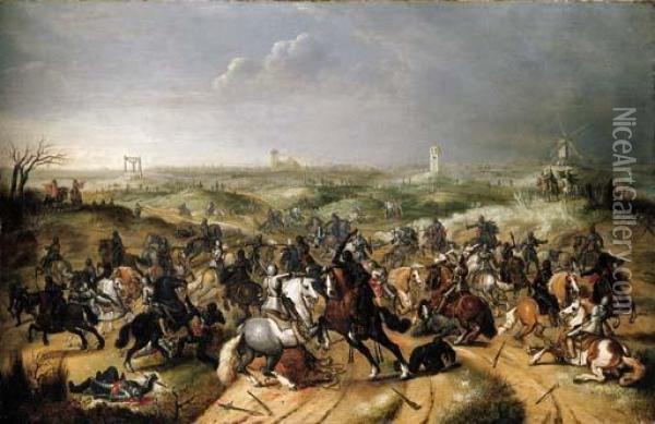 The Battle Between Officers 
Breaute And Gerard Abrahamsz., Called Lekkerbeetje, At Vught, 5 February
 1600 Oil Painting - Sebastien Vrancx