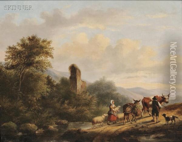 Travelers In A Landscape With Ruins Oil Painting - Gerardus Hendriks