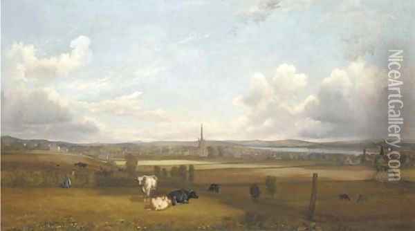 View of Alloa, with cows and figures in the foreground Oil Painting - John Fleming