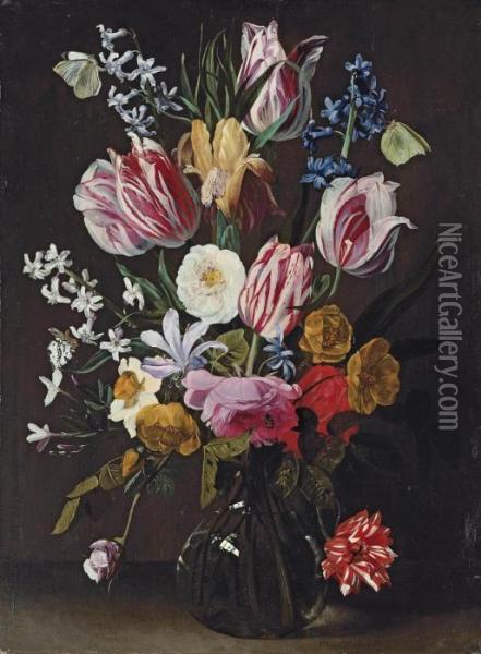 Tulips, Daffodils, Irises And Roses In A Glass Vase Oil Painting - Jan Philip van Thielen