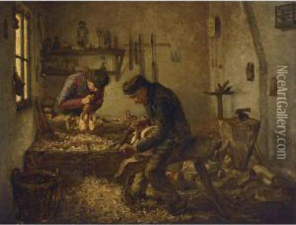 Clog Makers At Work Oil Painting - Joseph Van Snick