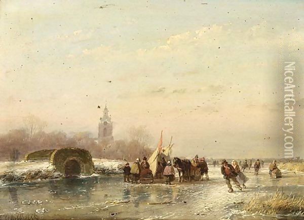 A Frozen Waterway With Skaters And A 'Koek En Zopie' Oil Painting - Andreas Schelfhout