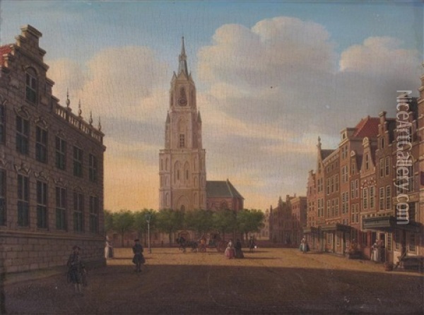 Elegant Figures In A Square In Haarlem Oil Painting - Jan Ekels the Elder