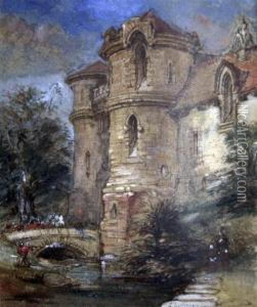Soldiers Outside A Castle Oil Painting - George Cattermole