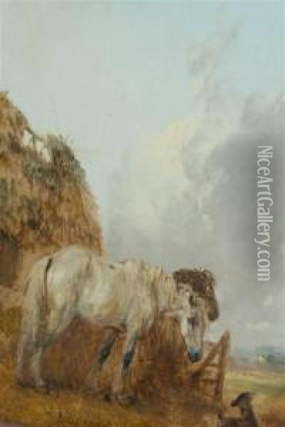 British, - White Horse Beside Thebarn Oil Painting - Edmund Bristow