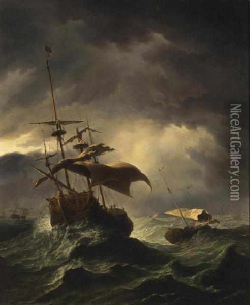 English Frigate And Other Shipping In Stormy Seas Oil Painting - Willem van de, the Elder Velde