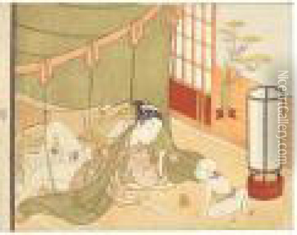A Child Crawling Beside An Andon Oil Painting - Suzuki Harunobu