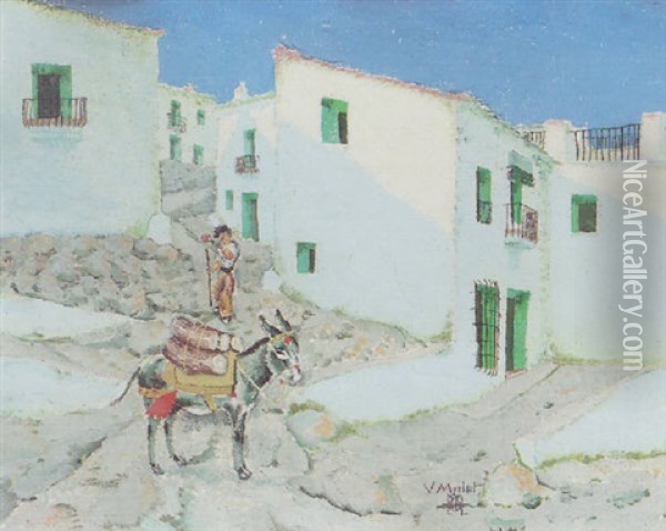 Man With His Donkey In A Village Street Oil Painting - Vincente Mulet Claver