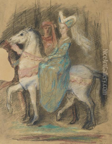 Dame Du Moyen Age A Cheval Oil Painting - Henry Cros