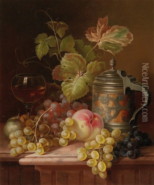 Still Life With Grapes, Wineglass And Pewter Tankard Oil Painting - Georg Seitz