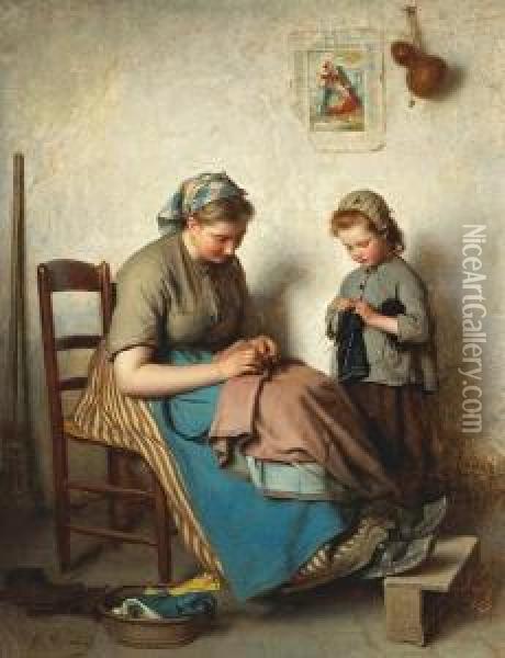 The Knitting Lesson Oil Painting - Charles Moreau