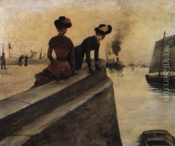 Young Ladies On A Jetty Oil Painting - Norbert Goeneutte