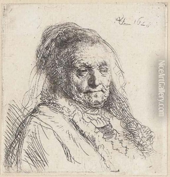 The Artist's Mother, Head And Bust: Three Quarters Right Oil Painting - Rembrandt Van Rijn