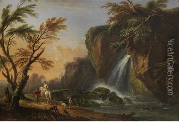 Elegant Figures Before A Waterfall (+ A Drover And His Flock On A Riverside Path With Lightning Striking A Building In The Distance; Pair) Oil Painting - Jean Baptiste Lallemand