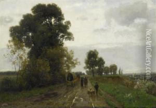 Landscape With A Coach And Figures Oil Painting - Adolf Stabli