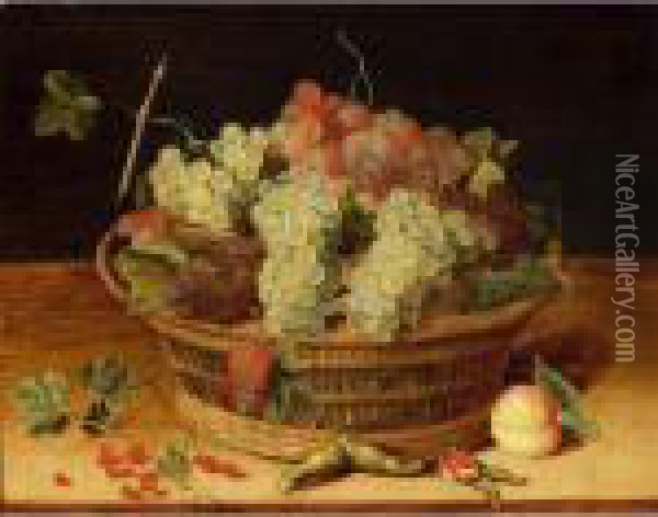 A Still Life With Blue And White
 Grapes In A Basket, Together With Red Currants, Hazelnuts And A Peach, 
All On A Wooden Ledge Oil Painting - Isaak Soreau