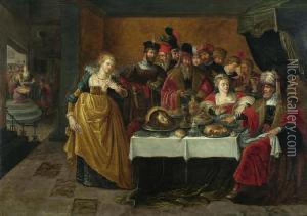 Salome Mit Dem Haupt Johannes' Des Taufers Vor Herodes. Oil Painting - Kasper or Gaspar van den Hoecke