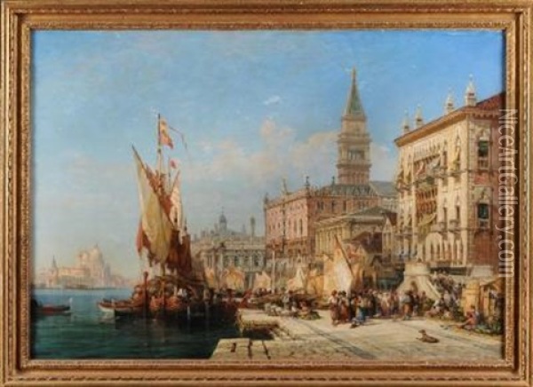 Riva Degli Schiavoni, Looking Towards The Doge's Palace And The Cammpanile, A View Across The Lagoon To The Santa Maria Della Salute Oil Painting - William Wyld