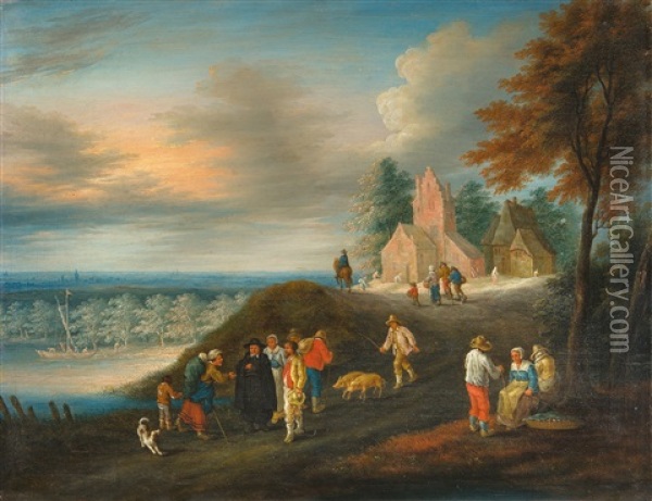 Hugelige Landschaft Mit Kirchgangern Im Abendrot Oil Painting - Theobald Michau