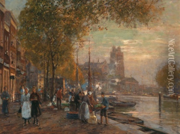 Hollandische Kanalszene Oil Painting - Heinrich Hermanns