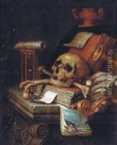 A Vanitas Still Life: A Skull, 
Books, An Hourglass And A Musicalscore On A Stone Carved Table Oil Painting - Edwart Collier