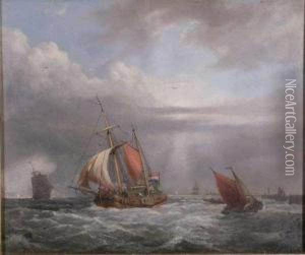 A Dutch Koff And Other Sailingboats Off A Harbour Wall Oil Painting - George Webster