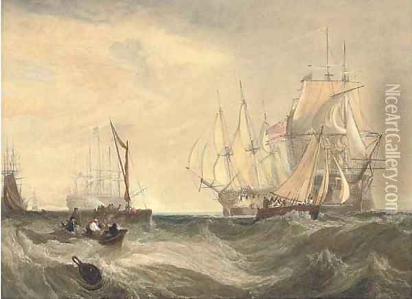H.M. Ships Nemesis and Arrow bringing the Danish frigate Freja and her convoy into the Downs in July 1800 Oil Painting - Clarkson Stanfield