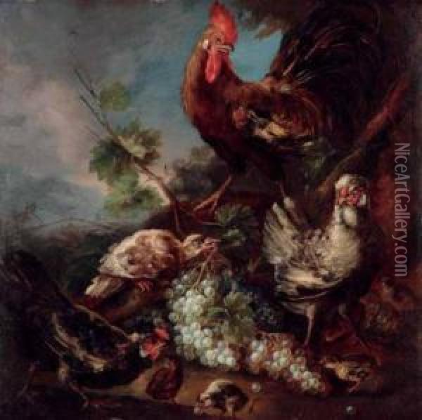 Natura Morta Con Animali Da Cortile In Un Paesaggio Oil Painting - Angelo Maria Crivelli, Il Crivellone