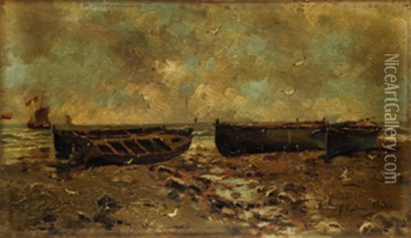 Barcas En La Playa Oil Painting - Juan Martinez Abades