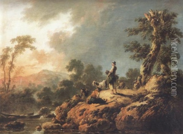 A Rocky River Landscape With A Goatherd And A Peasant Girl On An Outcrop Oil Painting - Jean Baptiste Pillement