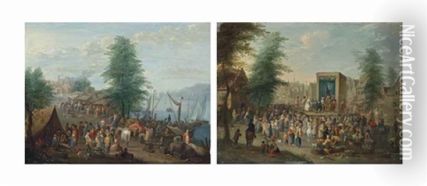 Le Marche Aux Poissons; Et La Commedia Dell'arte (2 Works) Oil Painting - Balthasar Beschey