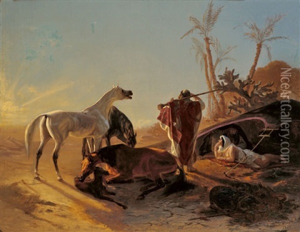 Rastendes Beduinenpaar Mit Araberpferden Oil Painting - Theodor Horschelt