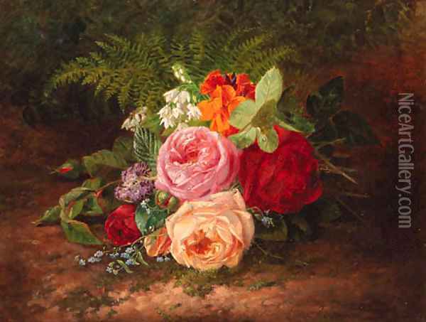 A flower still life with roses, forget-me-nots and indian cress Oil Painting - Francois-Joseph Huygens