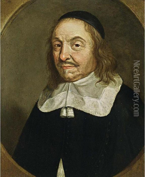 A Portrait Of A Man, Bust Length, Wearing A Black Coat With A Withe Collar And A Cap Oil Painting - Johannes Cornelisz. Verspronck
