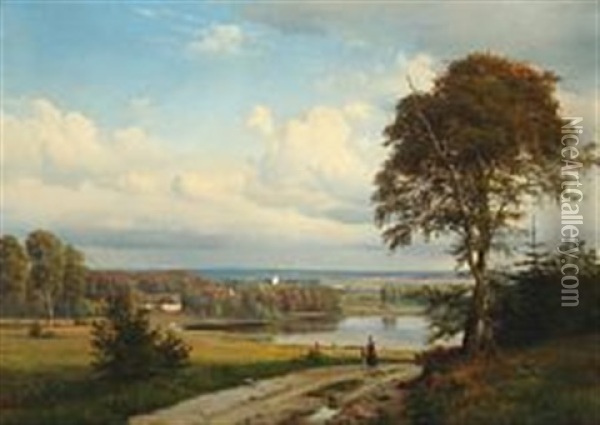 Landscape With Persons And Dronninglund Church In The Background Oil Painting - Anders Andersen-Lundby