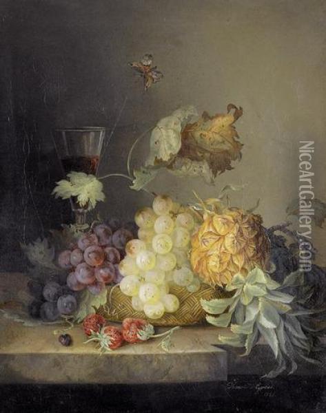 Fruchtestillleben Mit Weinglas Und Schmetterling. Oil Painting - Henriette Gerbes