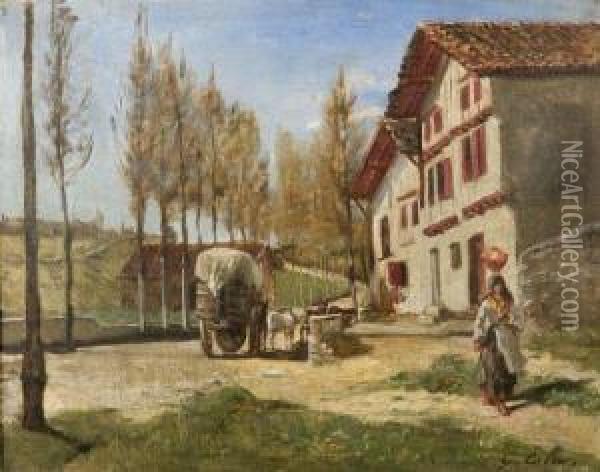 Femme A La Cruche Dans Un Paysage Basque Oil Painting - Gustave Colin