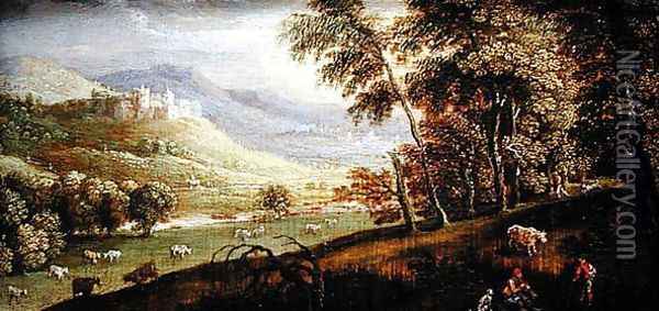 Landscape with Castle and Shepherds, 1624 Oil Painting - Maerten Ryckaert