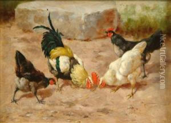 Fourchickens Feeding Oil Painting - William Baptiste Baird