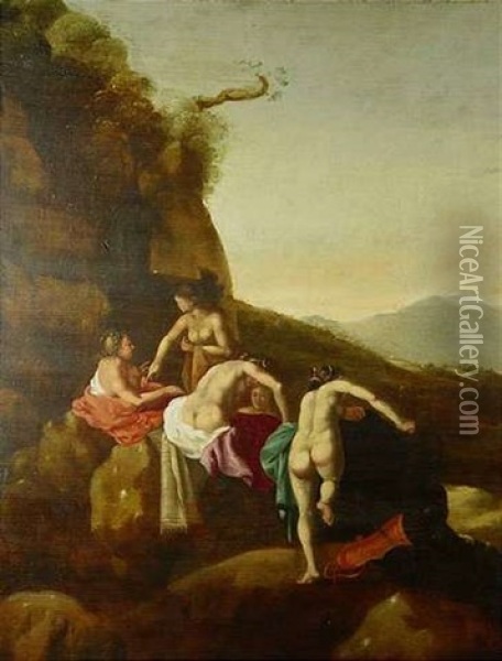 Diana Und Ihre Gefahrtinnen Beim Bad In Einer Gebirgslandschaft Oil Painting - Cornelis Van Poelenburgh